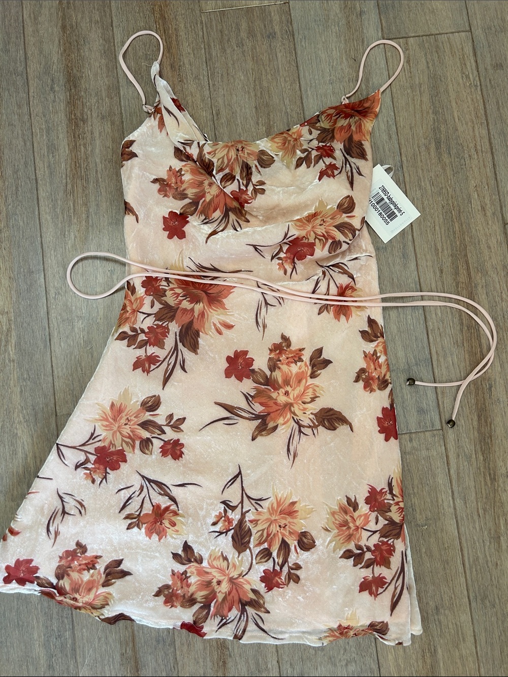 Hello Molly Floral Velvet Draped Cowl Neck Tie Belted Waist Mini Dress Neutral 4